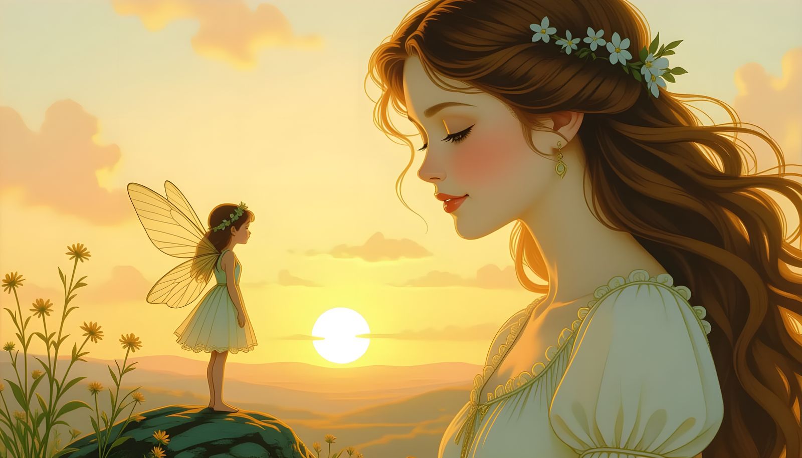 Fairy and Giantess Gaze at Sunset, Fairy Tale Illustration