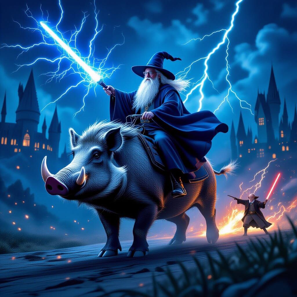 Neon Crystal Hogwarts With Dumbledore on Warthog