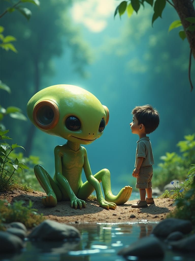 Injured Alien on Lush Landscape in Sci-Fi Style