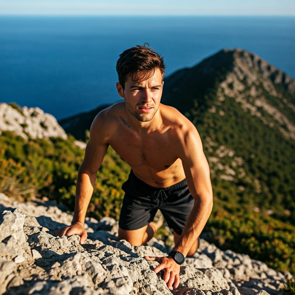 Shirtless Man Climbing a Mountain