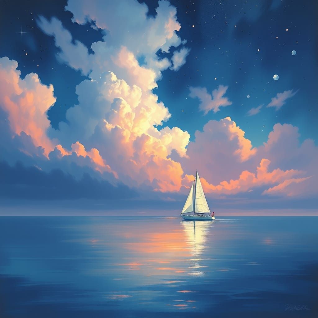 Dreamy Starry Night Seascape with Gentle Clouds and Sailboat
