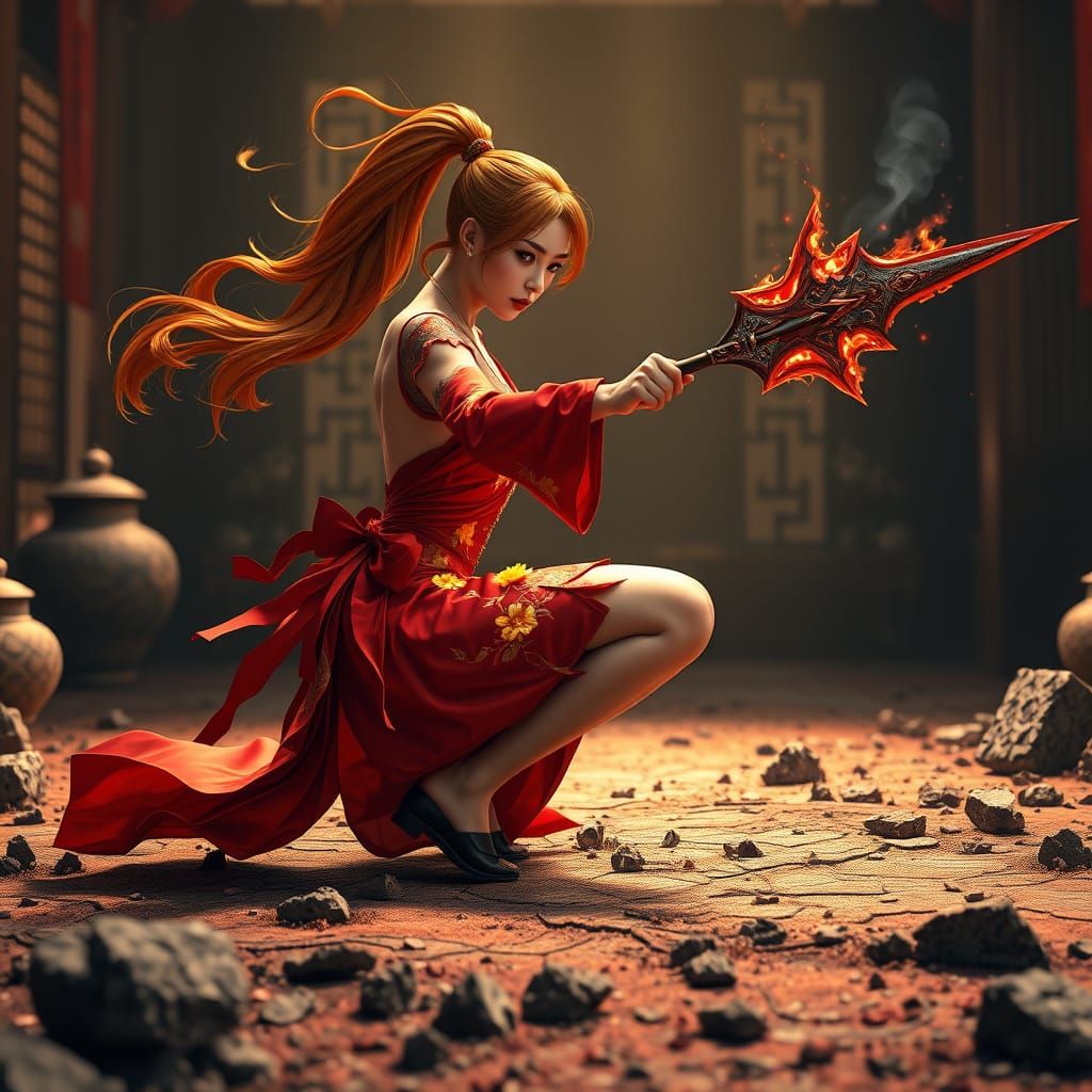 Elegant Warrior Engages Mythical Foe in Ancient Chinese Hall