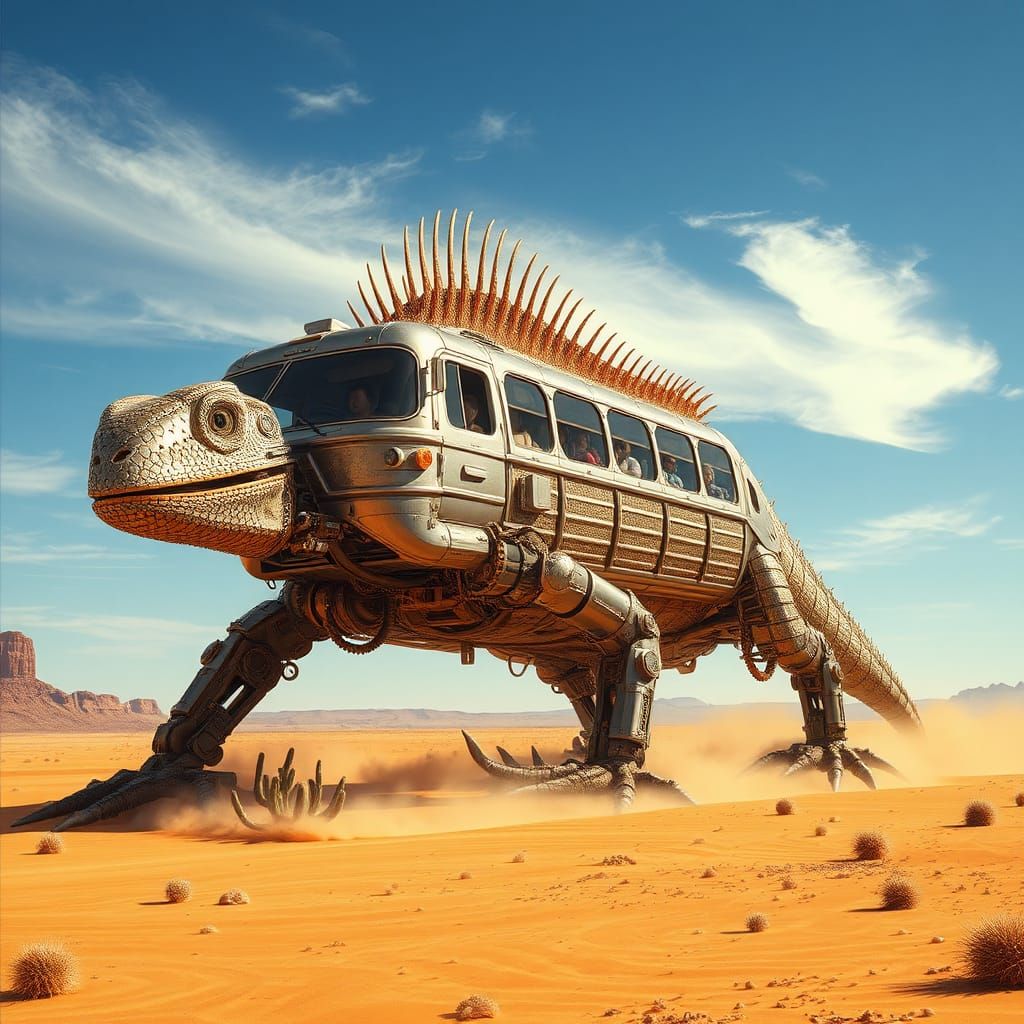 Colossal Mechanized Lizard Vehicle in Desert Landscape
