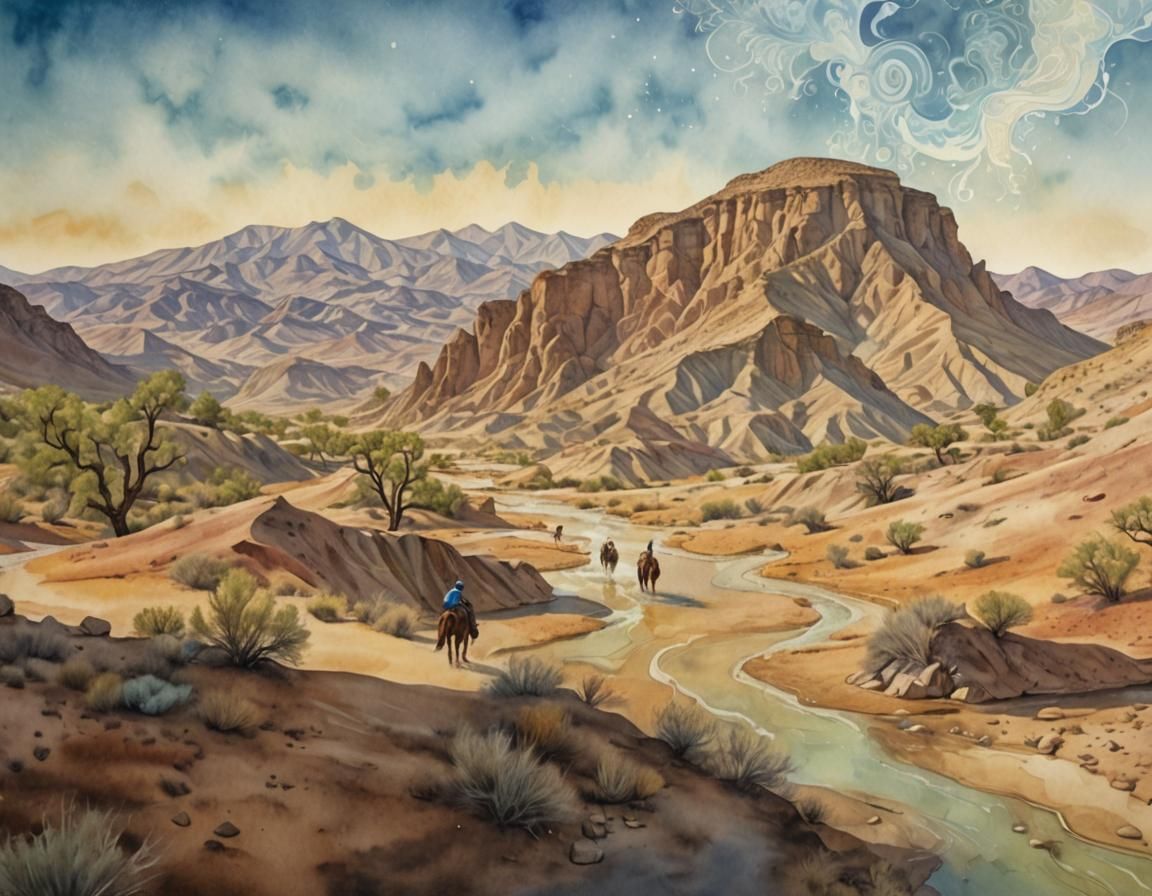 Cowboys in Desert Creek: Abstract Watercolor Zentangle