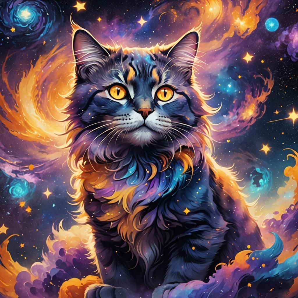 Cosmic Cat Surrounded by Nebulae, Digital Art