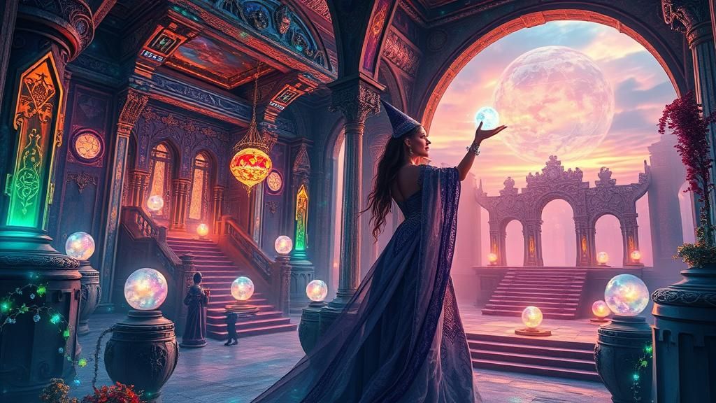 Mystifying Sorceress Conjuring Spheres in Dreamlike Palace