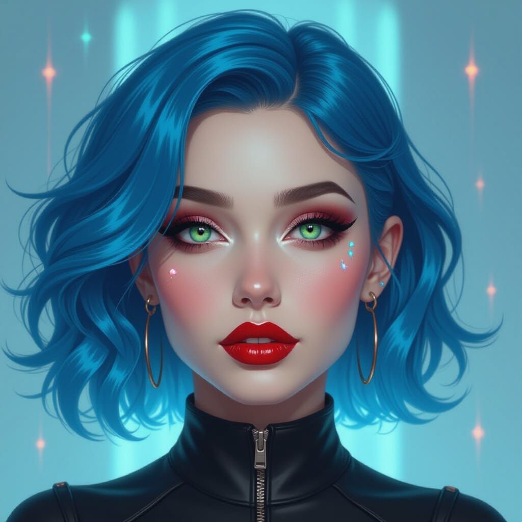 Electrifying Woman with Blue Hair in Dreamlike Digital Art
