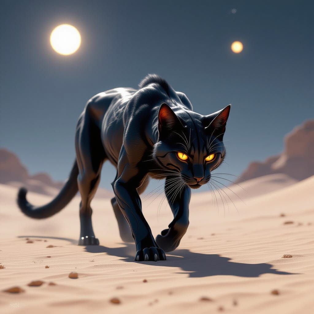 Predatory Feline Hunter in Alien Desert Under Twin Suns
