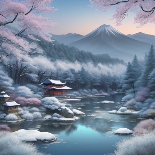 Surreal Winter Zen Garden: Chinese Ink Painting