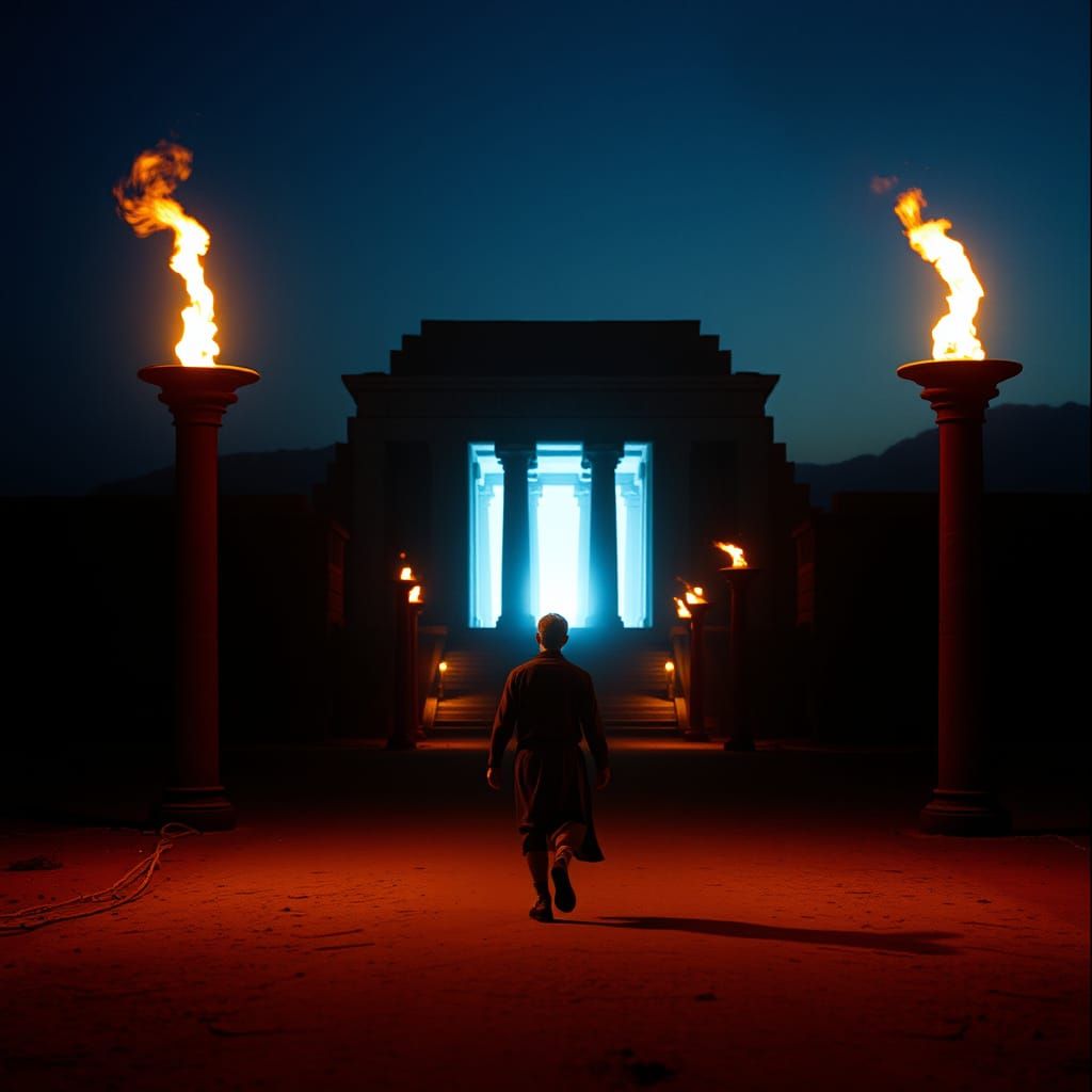 Torchlit Figure Walks to Temple: Cinematic Film Style