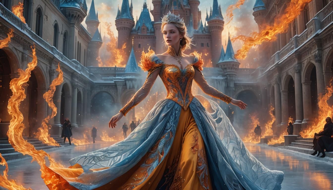 Fiery Ice Queen in Frozen Palace: Digital Art