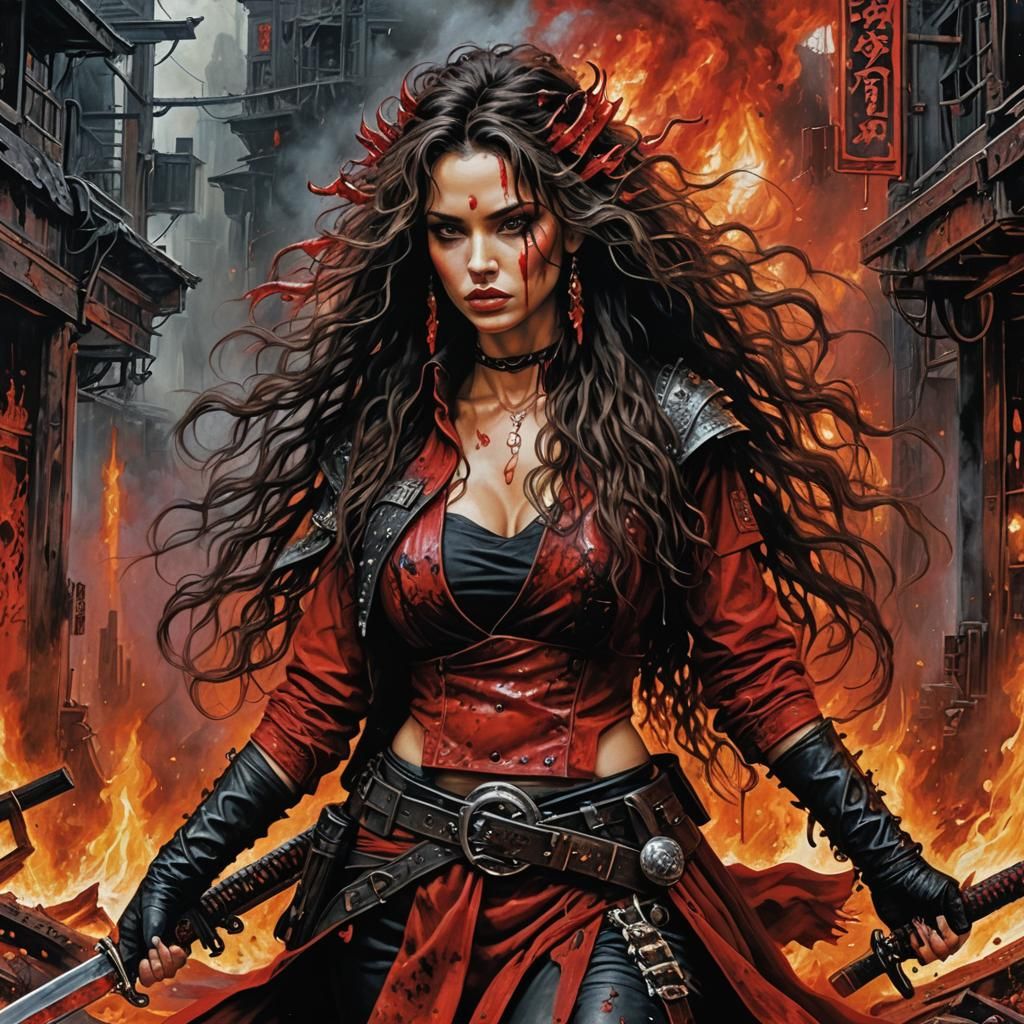 Triumphant Samurai Woman in Burning Bar, Acrylic Painting