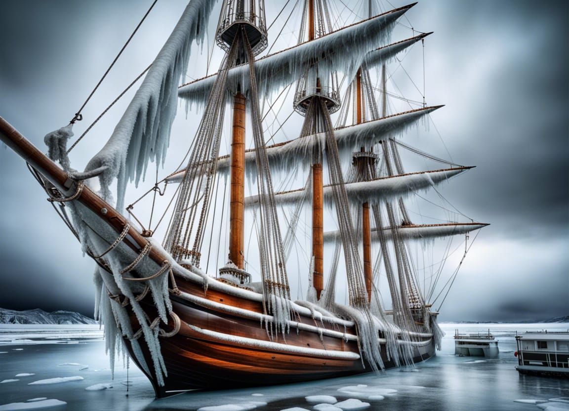 Hyperrealistic Sailing Ship Frozen in Ice World