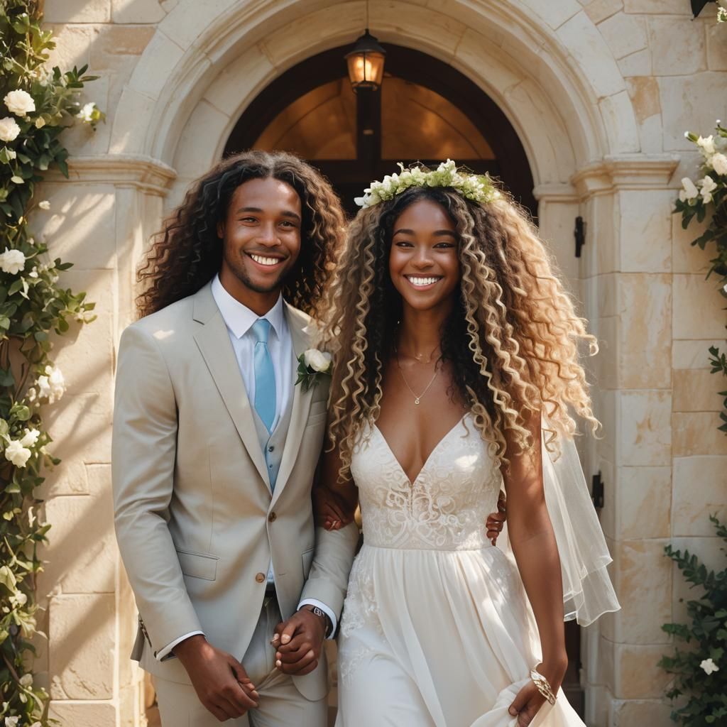 Joyful Couple's Wedding Exit in Romantic Realism