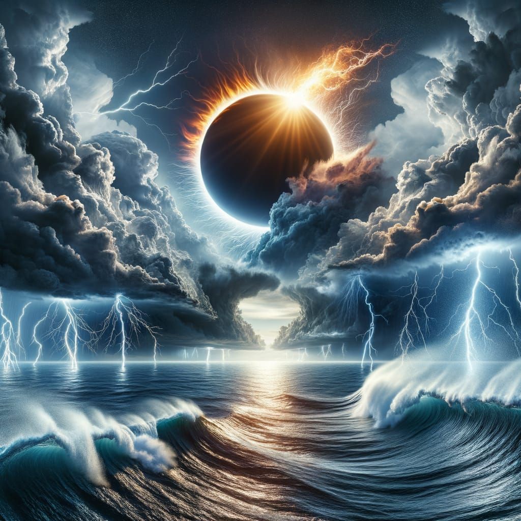 Ethereal Ring of Fire Eclipse Amidst Turbulent Ocean Storm