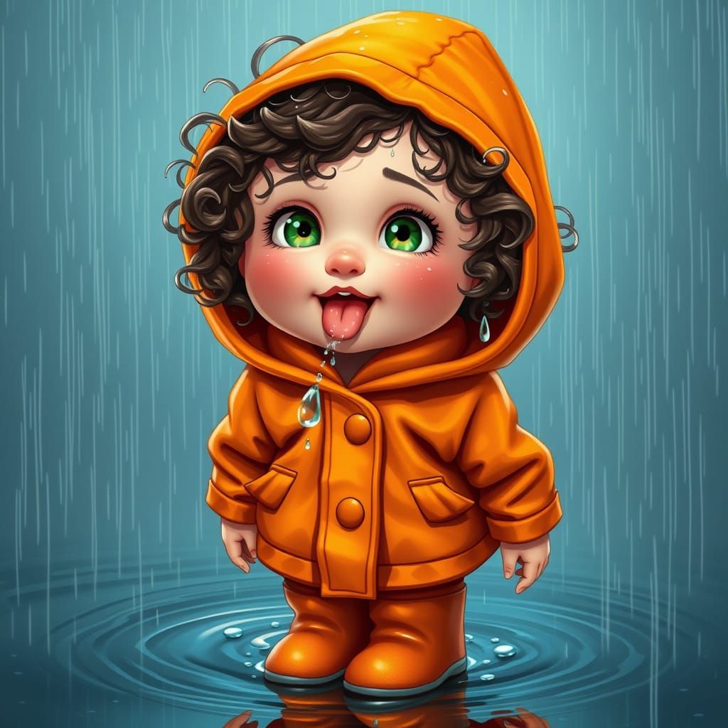 Whimsical Child Savoring Raindrops in Art Nouveau Style