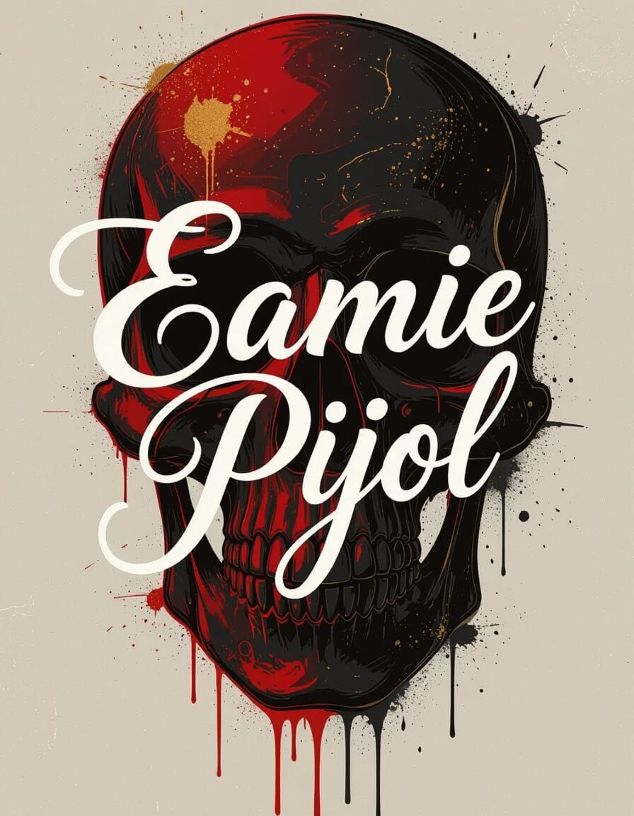 Elegant Cursive Script with Red Skull in Digital Art Style