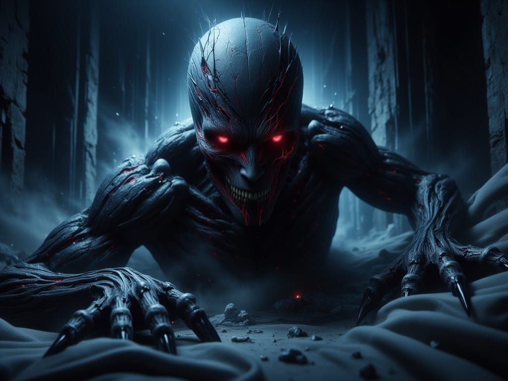 Dark Demon Lurks Behind Bed in a Hauntingly Realistic Scene