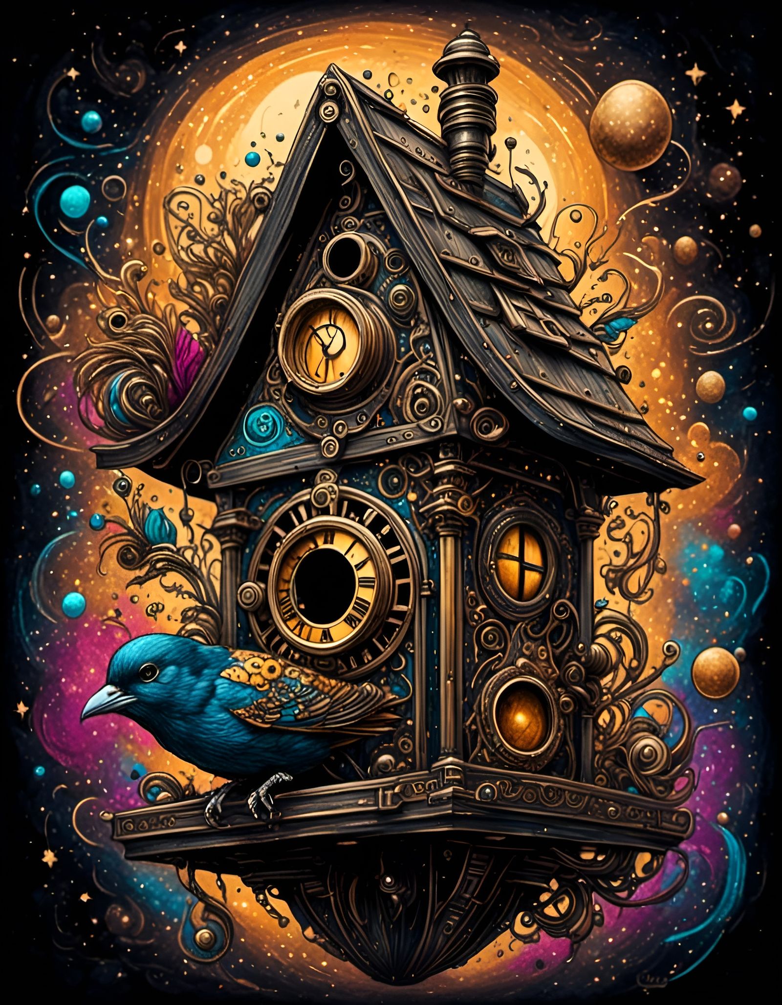 Steampunk Birdhouse Portrait with Golden Lines