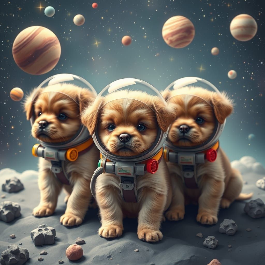Photorealistic Puppies in Space Helmets Amidst Celestial Won...