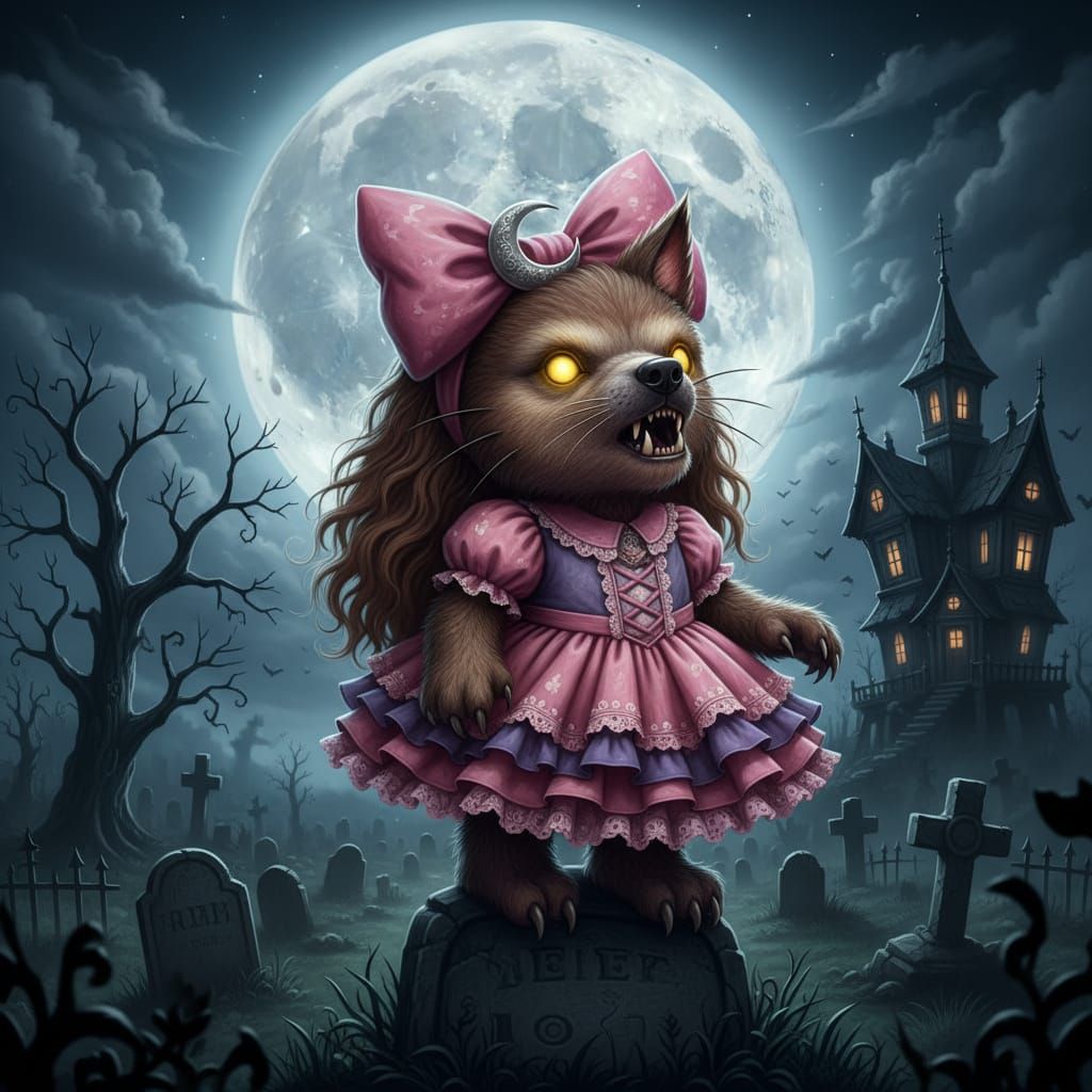 Hello Kitty Werewolf Howling at Moon in Cemetery