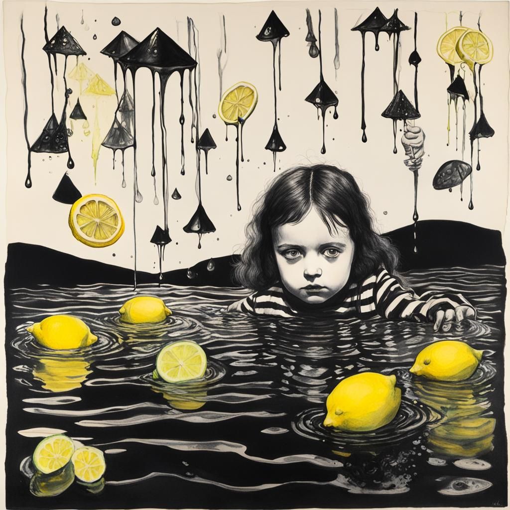 Goth Woman's Surreal Swim in Black Lemonade