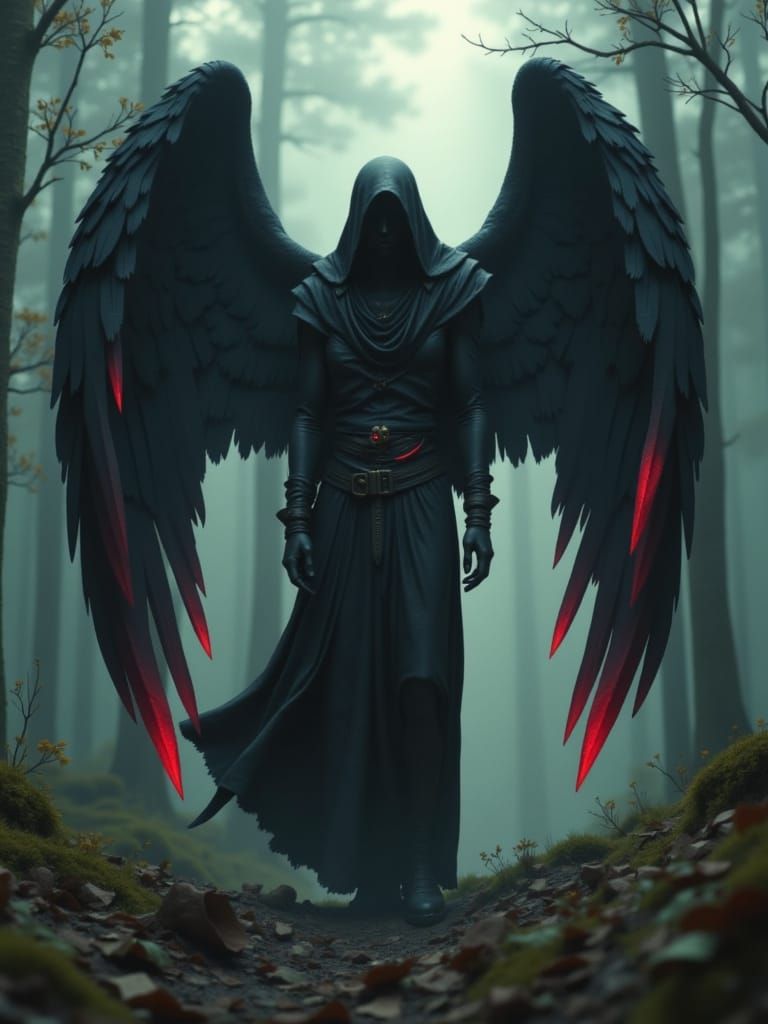 Fallen Angel in Dark Forest: Hyperrealistic Art