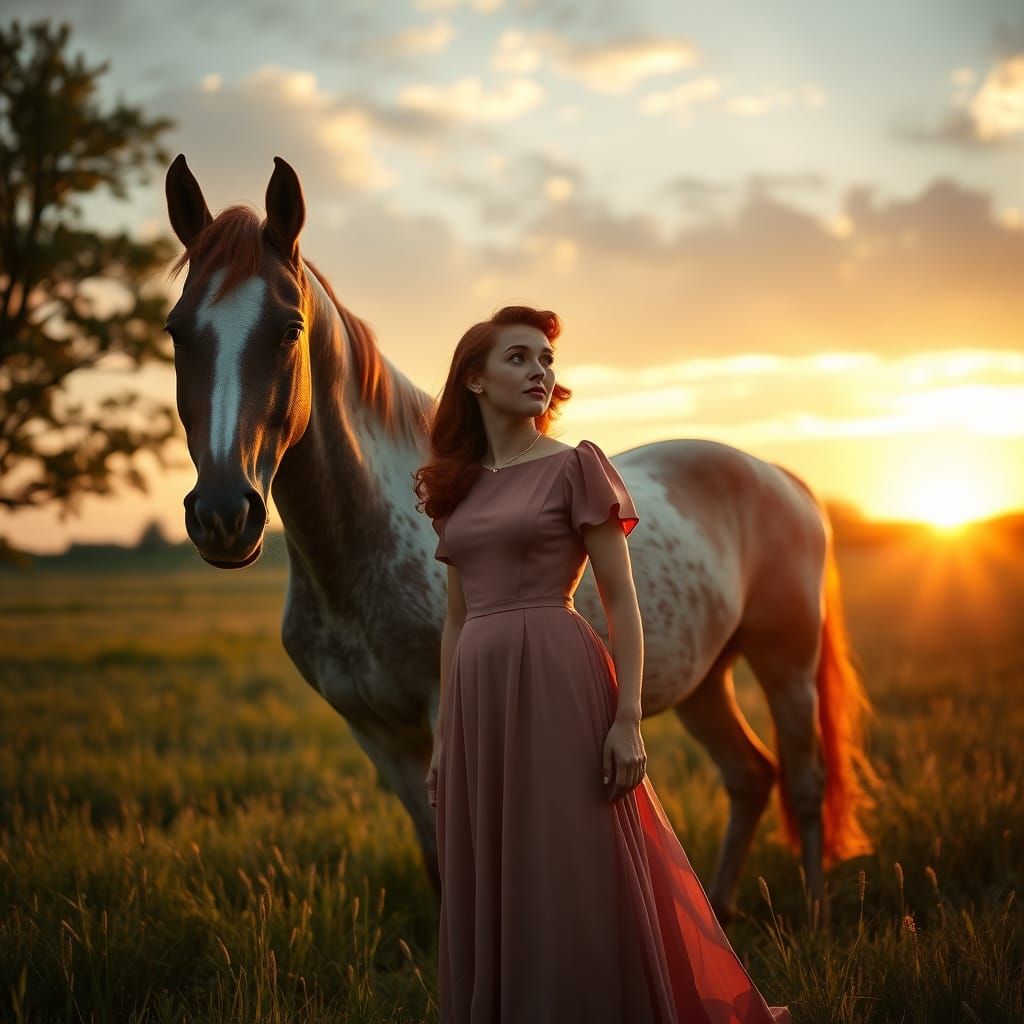 Woman in 1940s Dress with Horse at Sunset