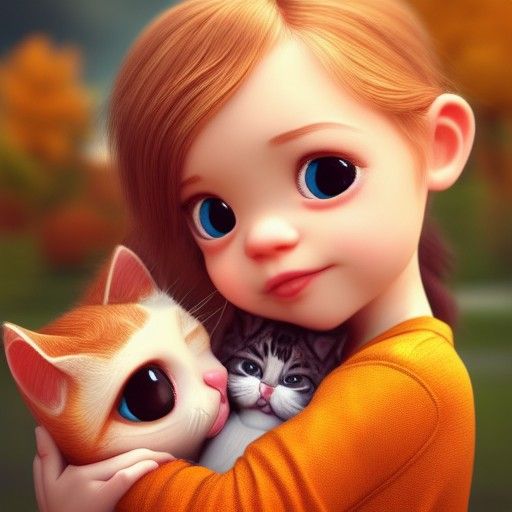 Girl with Kittens in Pixar Style 3D Render