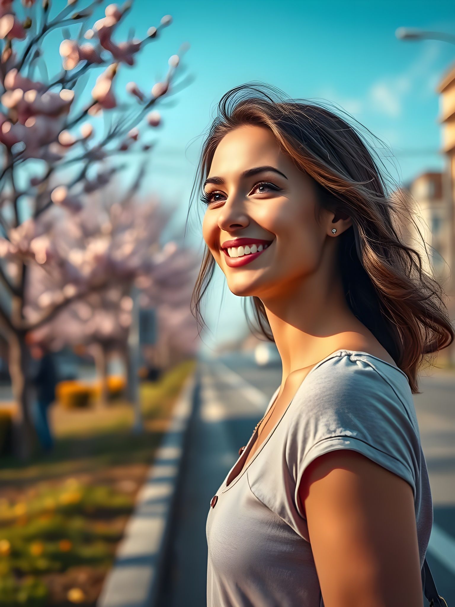 Vibrant Spring Scene with a Smiling Woman