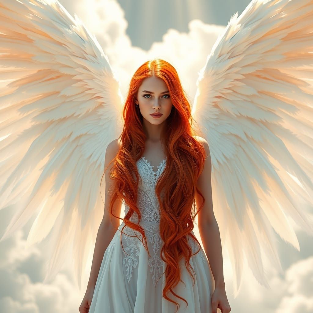 Majestic White Angel with Fiery Red Hair and Shimmering Whit...