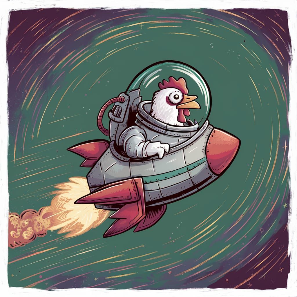 Chicken Astronaut Navigating Hyperspace in Retro Rocket