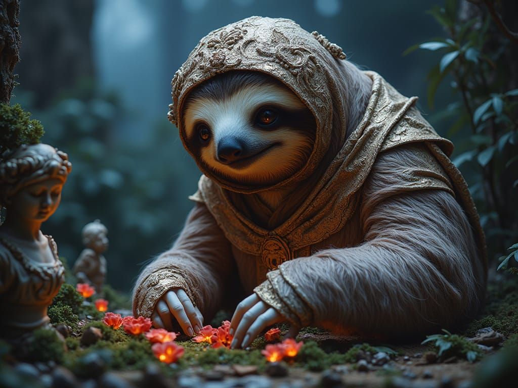 Rococo Sloth Tends Magical Garden in Moonlight Oil Painting