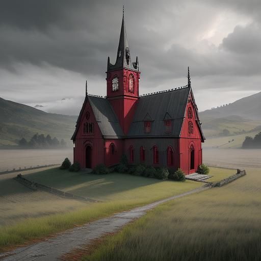 Victorian Gothic Church with Red Door in Field