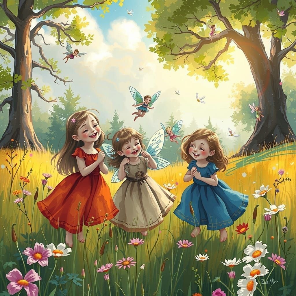 Whimsical Children Play with Enchanted Fairies in a Vibrant ...