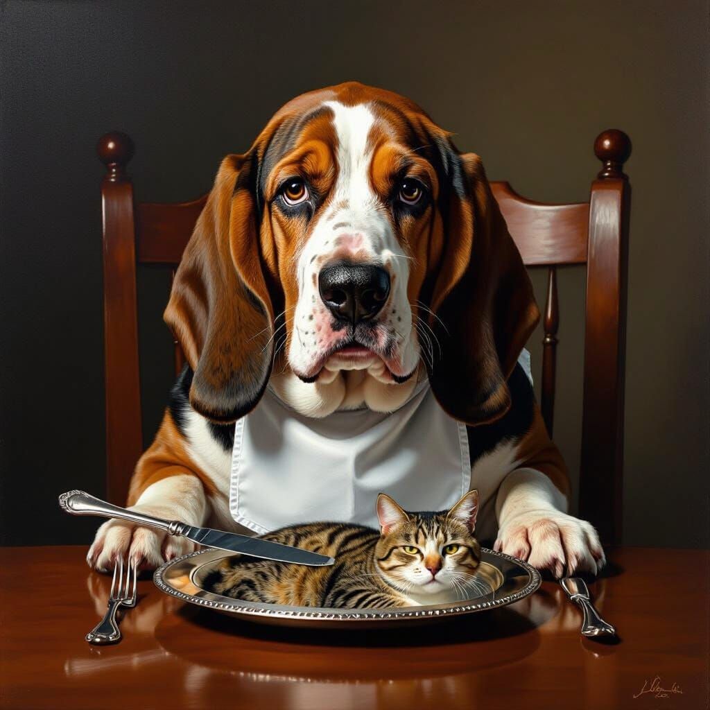 Basset Hound Dines on Cat in Surrealist Oil Painting