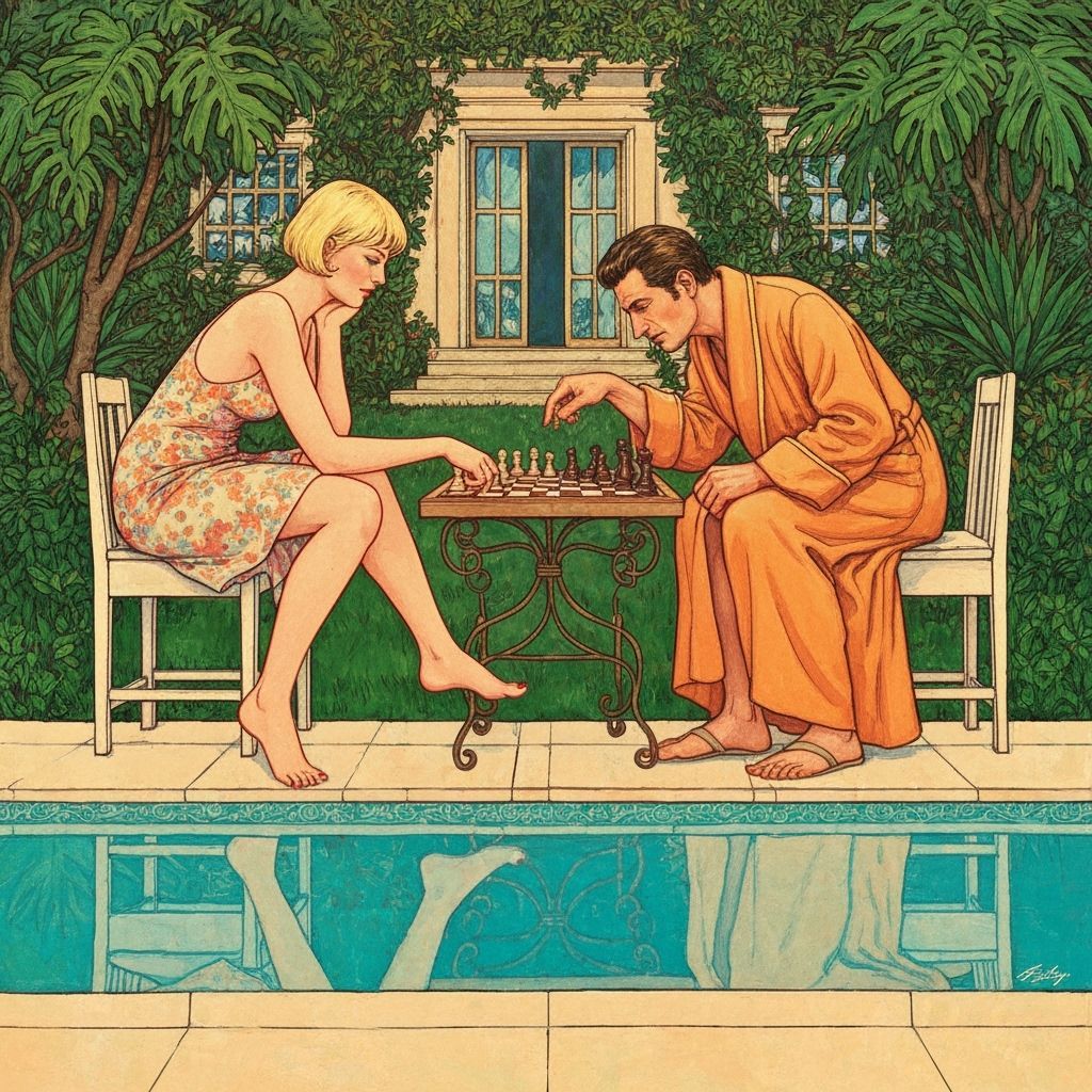 Intense Chess Match at Mediterranean Villa in Mucha Style