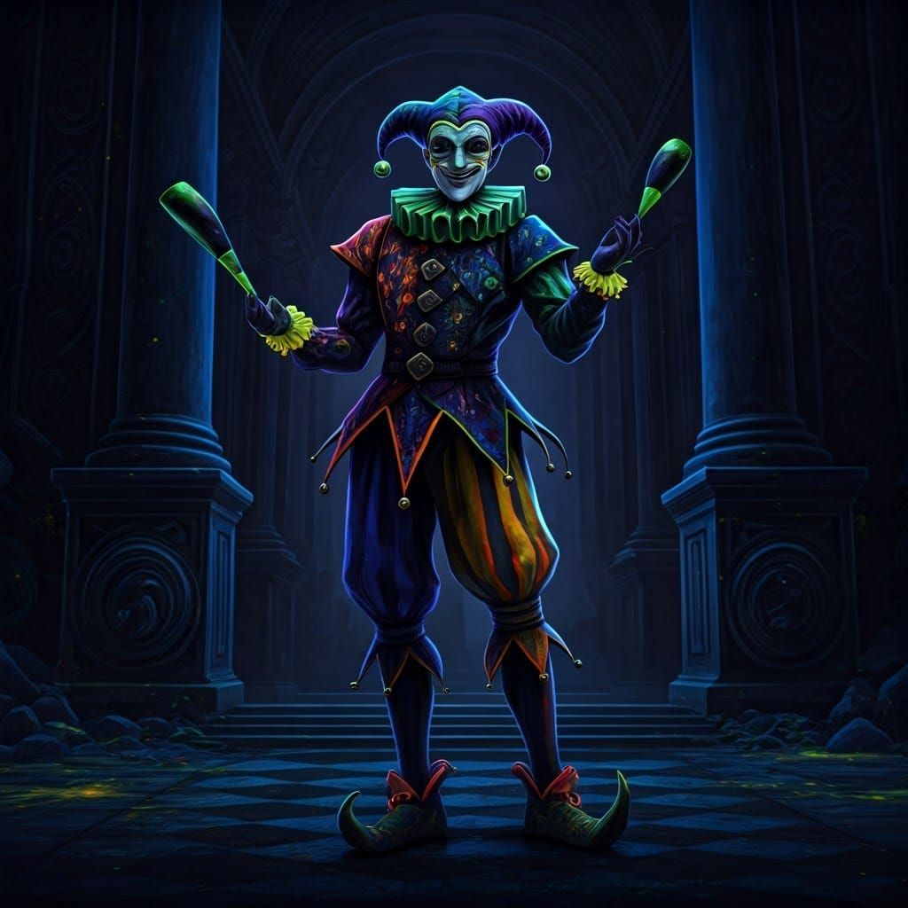 Glowing Jester Masterpiece in Neon, Blacklight, and Chiarosc...