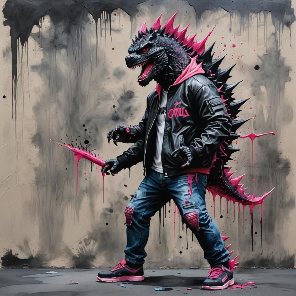 Godzilla in Streetwear: Mixed Media Wall Painting