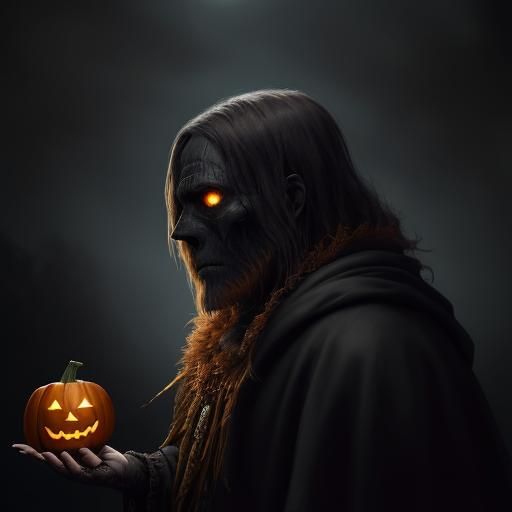 Creepy Masked Man Emerges from Pumpkin: Dark Fantasy Oil Pai...