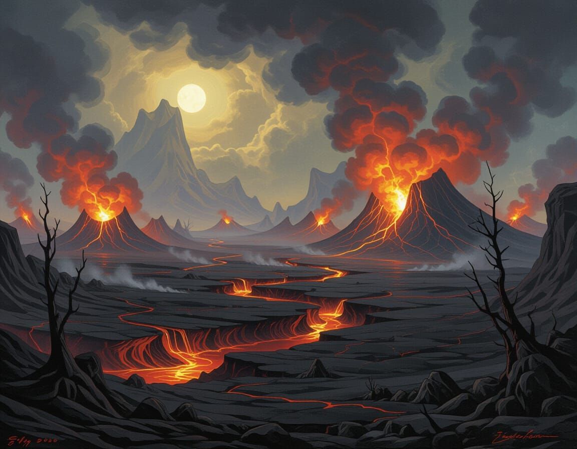 Smoldering Barren Landscape with Fire Spirits