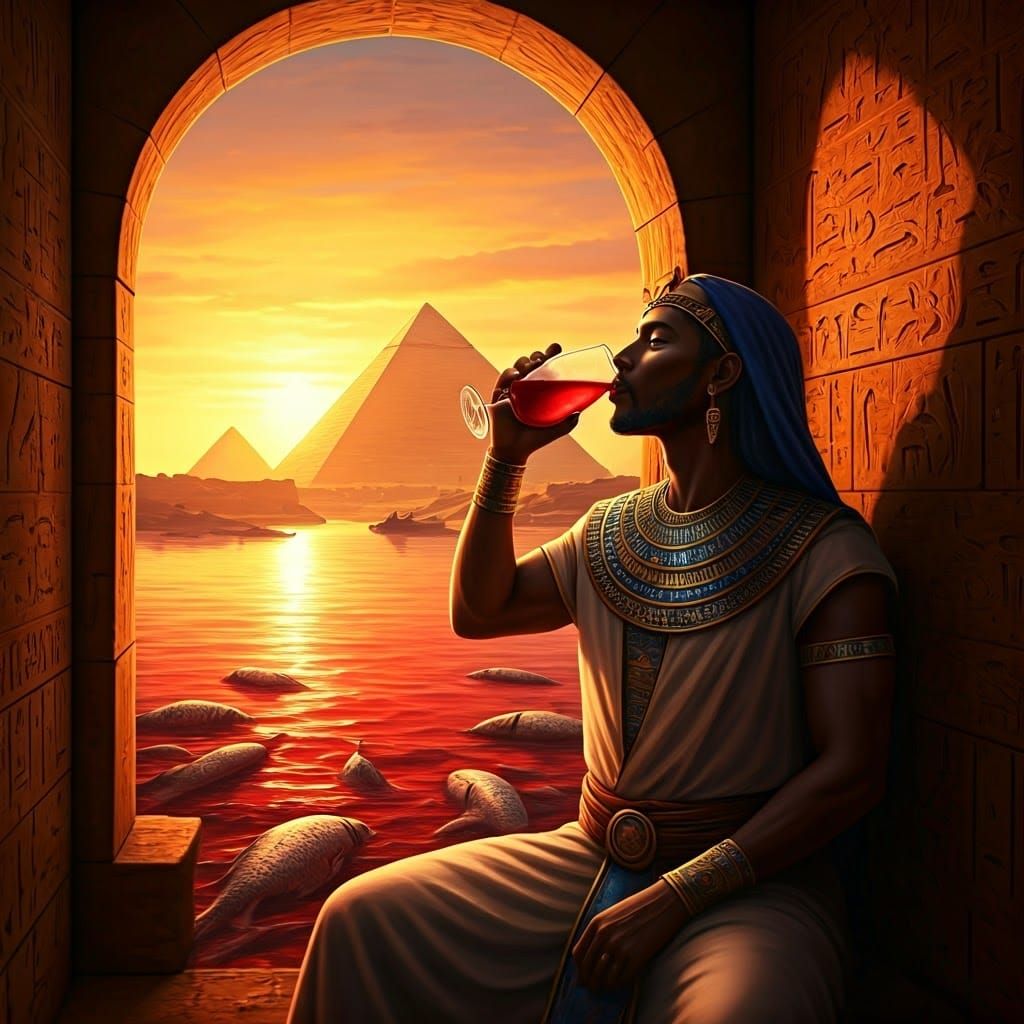 Ancient Egyptian Scene with Red Nile and Pyramids