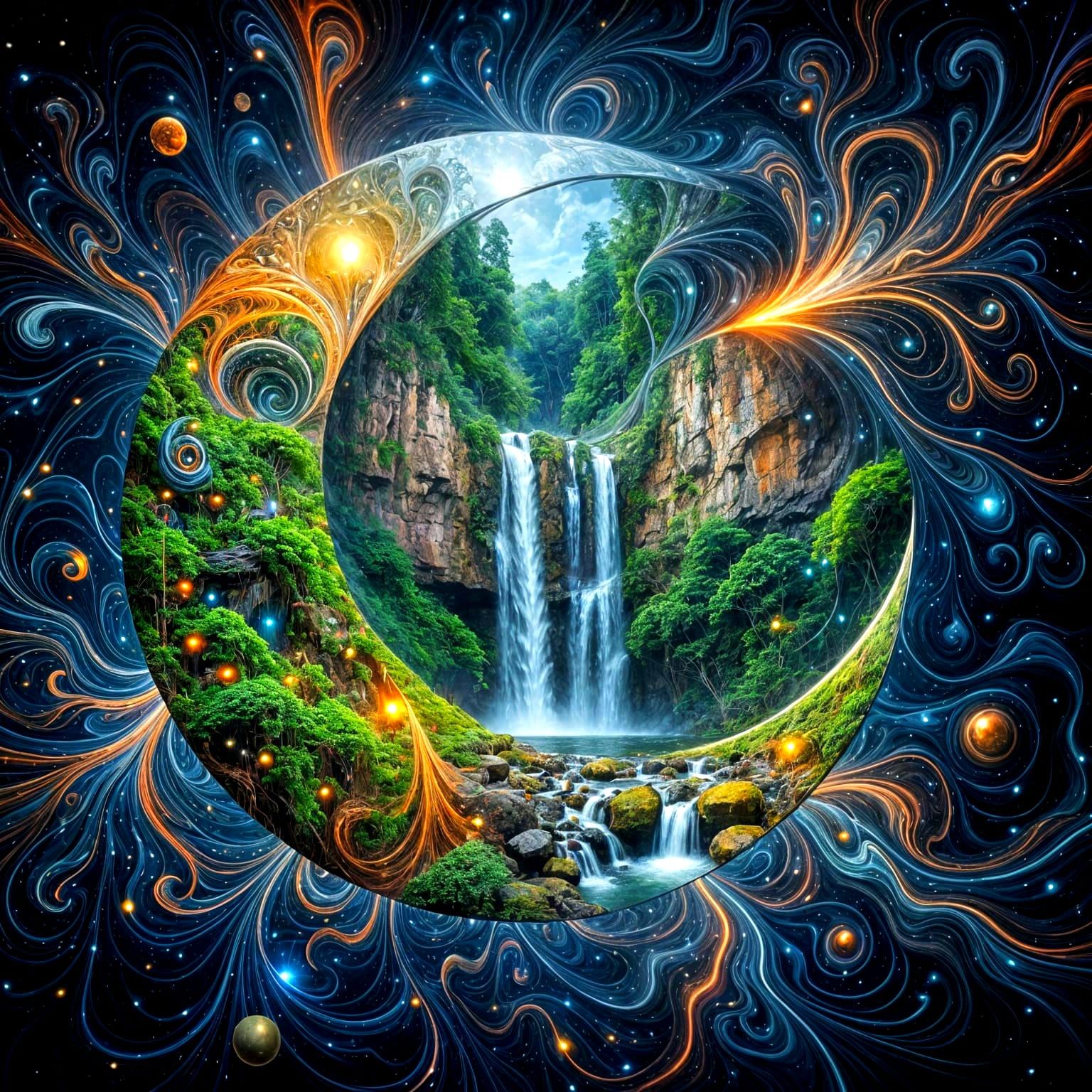 Surreal Double Exposure Moon Cliff Waterfall