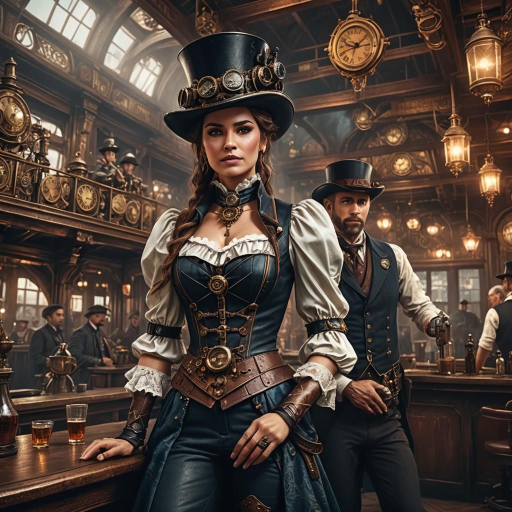 Steampunk Woman and Man in Detailed Matte Painting