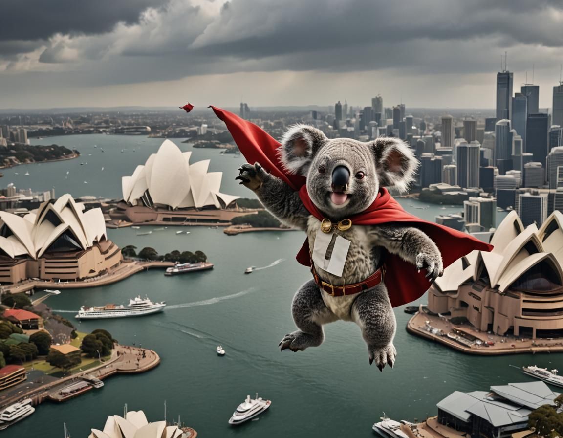 SuperKoala Flies Over Sydney in Digital Painting