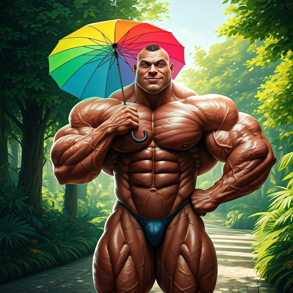 Hyper-Muscular Bodybuilder Under a Colorful Umbrella in a Lu...