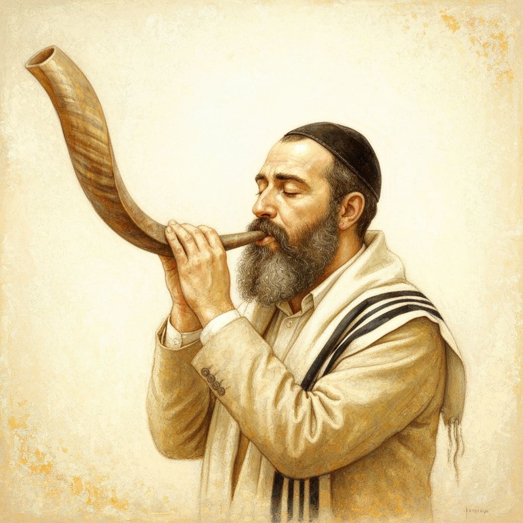 Jewish Man Blowing Shofar in Rembrandt Style