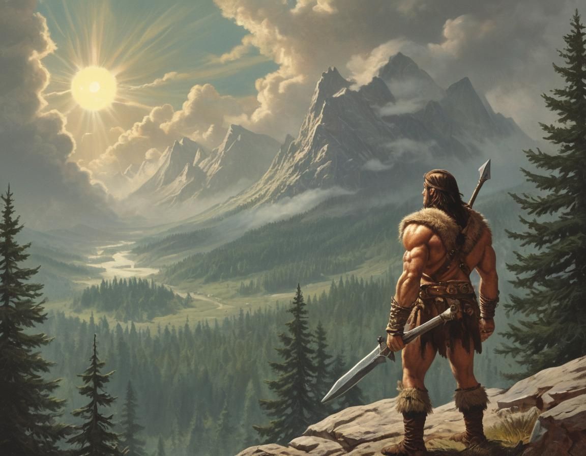 Barbarian Adventurer in Retro 1980s Landscape