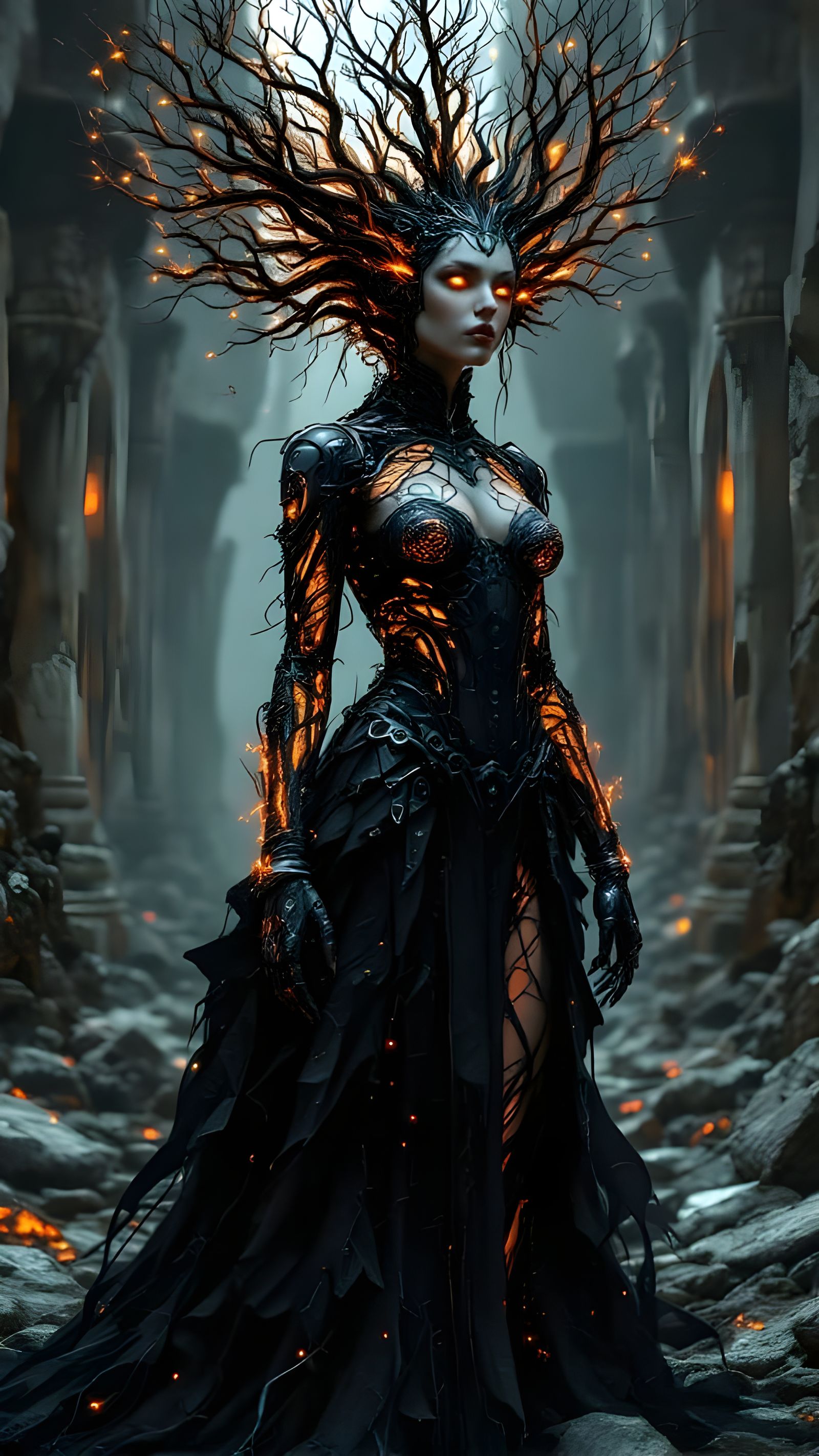 Gothic Cyber-Priestess in Biomechanical Black Robes