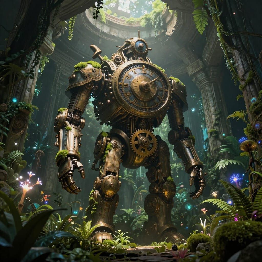 Ancient Clockwork Automaton in Jungle Temple, Steampunk Styl...